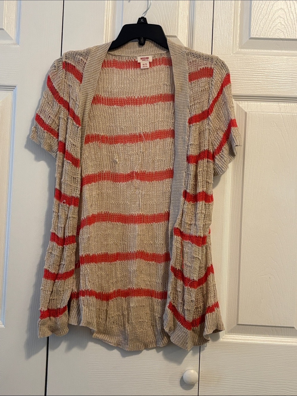 Women's Beige Open-Front Short-Sleeve Sweater Cardigan with Orange/Coral Stripes